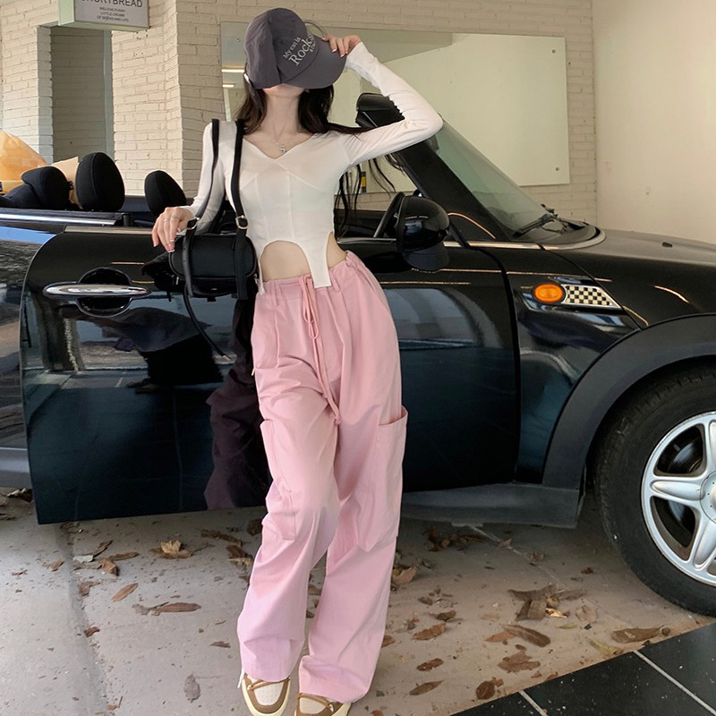 Sweet and spicy pink high-waisted work pants for women, 2022 new autumn loose straight-leg, slimming and draping casual long pants Sweet and spicy pink high-waisted work pants for women, 2022 new autumn loose straight-leg, slimming and draping casual long pants